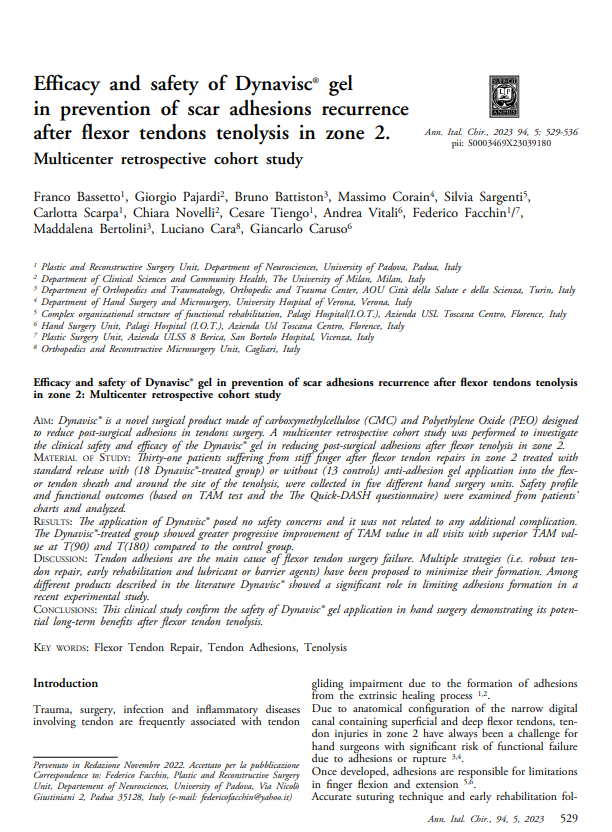 Efficacy and safety of Dynavisc gel in prevention of scar adhesions recurrence after flexor tendons tenolysis in zone 2. Multicenter, Ann. Ital. Chir., Bassetto 2023