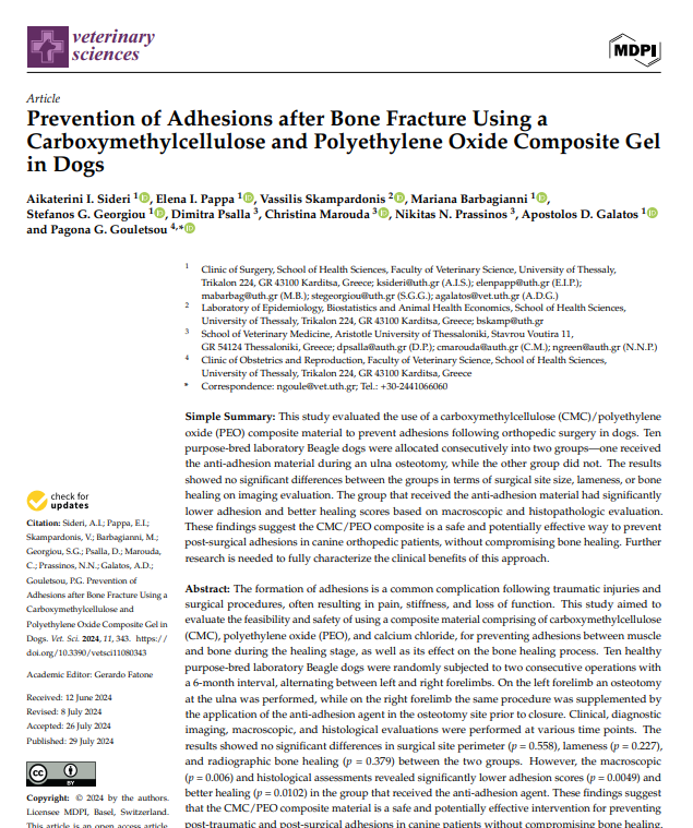 Prevention of adhesion after bone fracture using a CMC/PEO composite gel in dogs, Veterinary Sciences, Sideri 2024