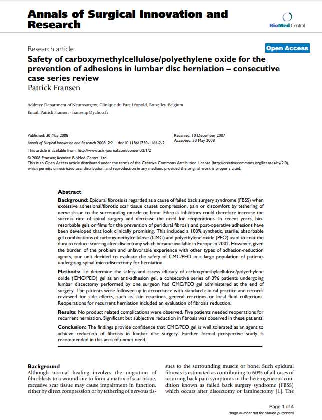 Safety of CMC/PEO for the prevention of adhesions in lumbar disc herniation - consecutive case series review, Annals Sug Innov. Research, Franzen 2008