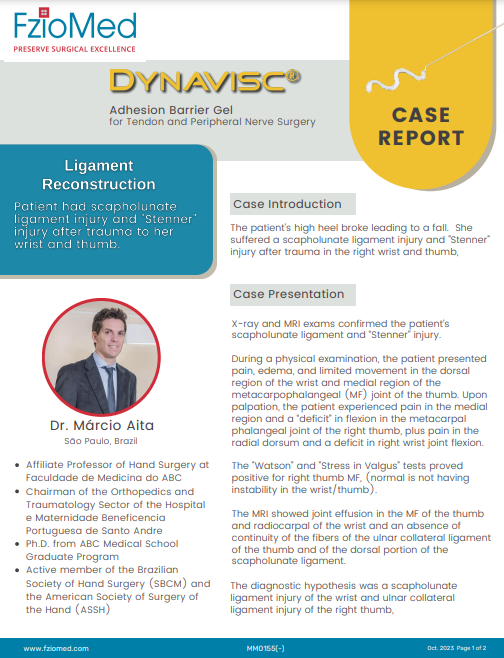 Dynavisc gel used in ligament reconstruction; Stenner injury after trauma to wrist and thumb. Dr. Márcio Aita, Case Report 2023